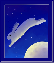 silver bunny jumping over moon